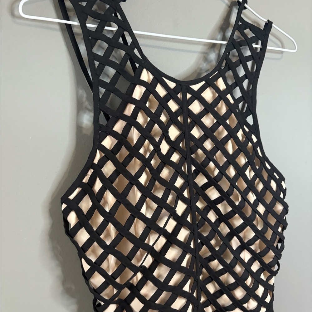 Marineblu, Small, black pant suit, wide leg, nude top with black lattice pattern - Picture 3 of 10